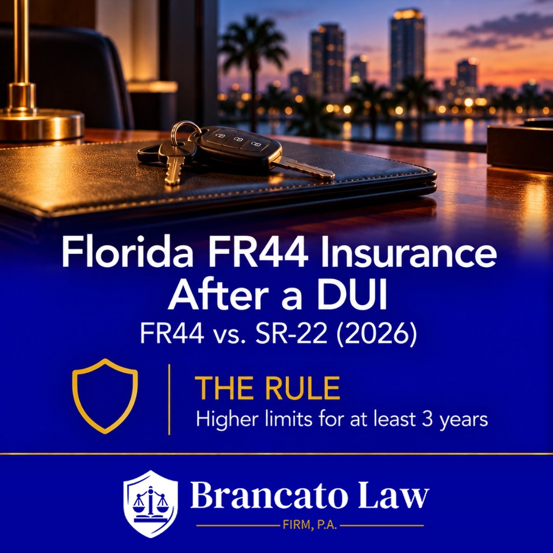 Cover graphic for a guide to Florida FR44 insurance after a DUI, which requires higher liability limits for at least 3 years, by The Brancato Law Firm, P.A.