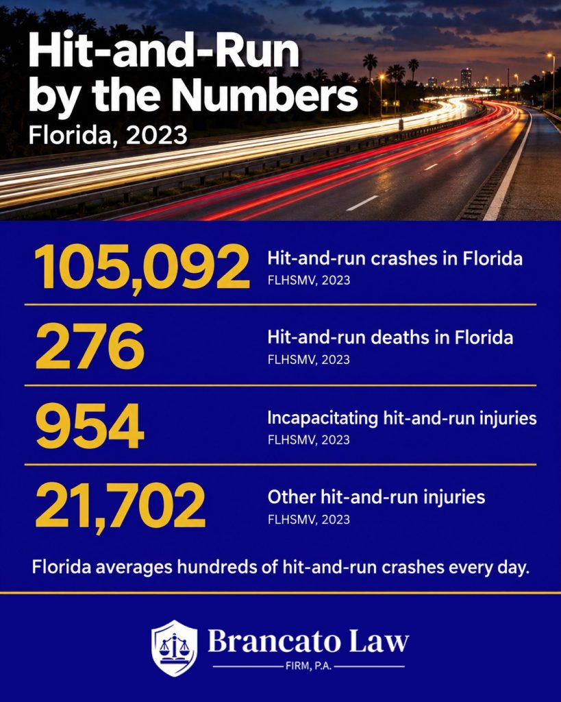 Statistics on whether leaving the scene of an accident is a felony in Florida, from The Brancato Law Firm, P.A.: 105,092 hit-and-run crashes in Florida in 2023; 276 hit-and-run deaths in 2023; 954 incapacitating hit-and-run injuries in 2023; 21,702 other hit-and-run injuries in 2023; all from the FLHSMV Traffic Crash Facts Annual Report 2023.