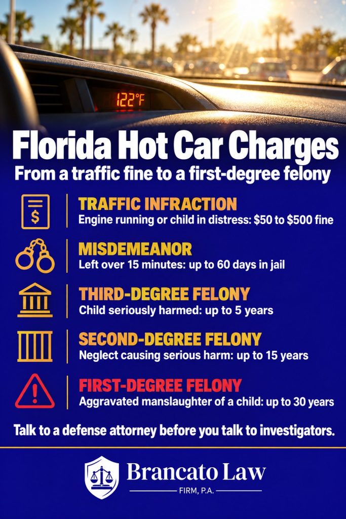 Florida hot car charges ladder from The Brancato Law Firm, P.A.: $50 to $500 traffic fine, misdemeanor up to 60 days, third-degree felony up to 5 years, neglect up to 15 years, aggravated manslaughter of a child up to 30 years.