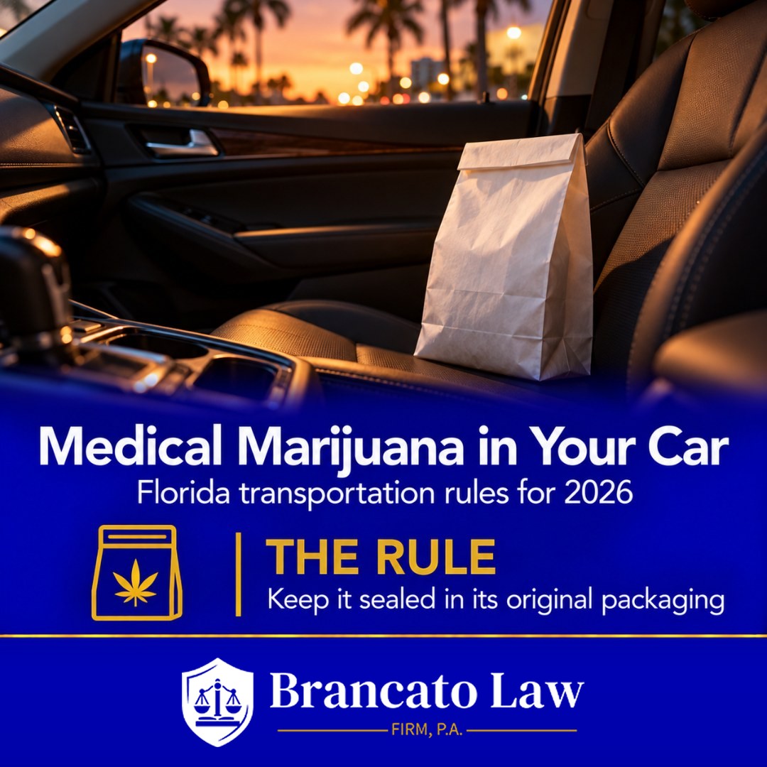 Cover graphic for The Brancato Law Firm, P.A. guide by Tampa criminal defense attorney Rocky Brancato on Florida medical marijuana transportation laws: a sealed dispensary bag on a car seat, with the rule that medical marijuana must stay in its original packaging under section 381.986.