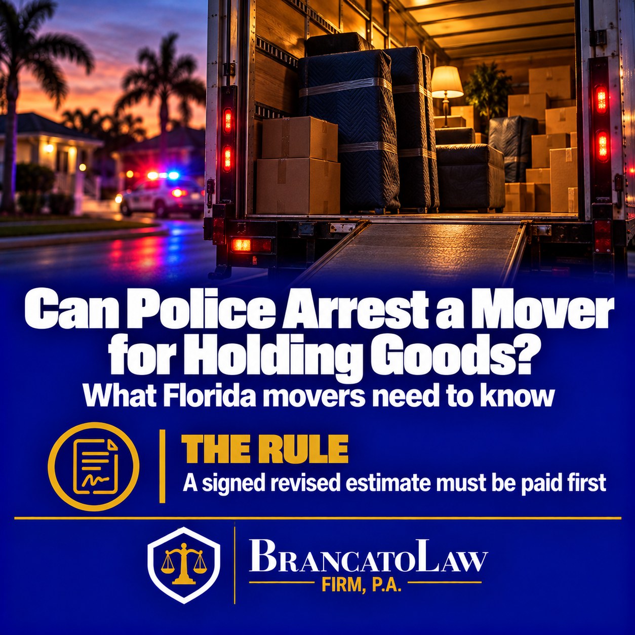 Can police arrest a Florida mover for holding goods? Infographic by The Brancato Law Firm, P.A. explaining that a signed revised estimate must be paid before the section 507.11 felony can apply