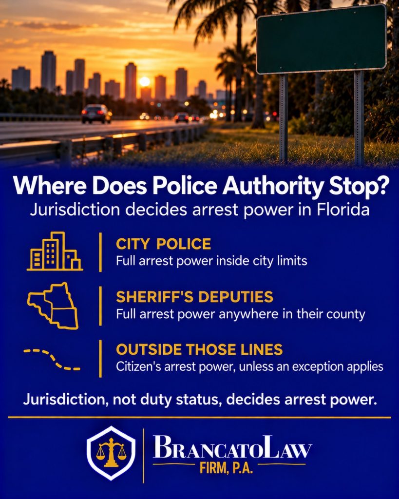 Florida police jurisdiction chart: city police have full arrest power inside city limits, sheriff's deputies anywhere in their county, and only citizen's arrest power outside those lines, from The Brancato Law Firm, P.A.
