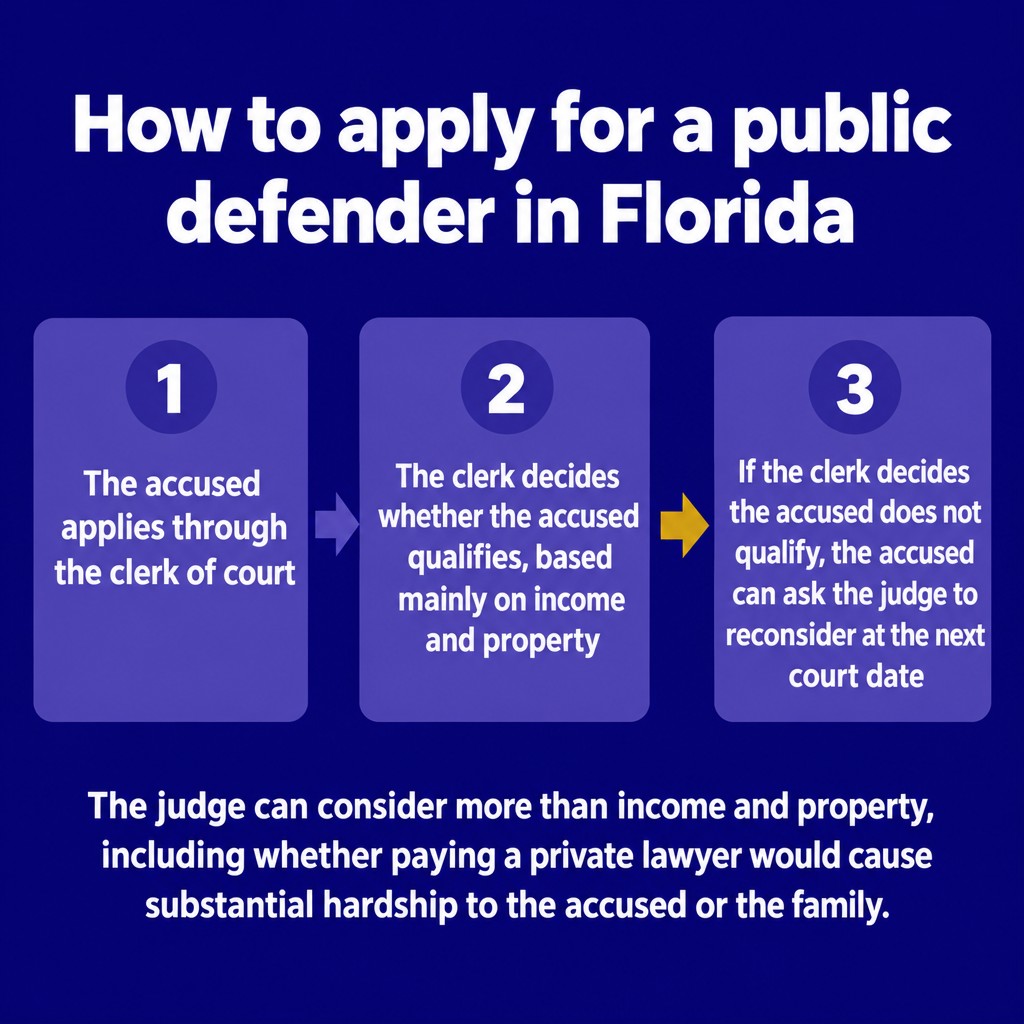 Three steps to apply for a public defender in Florida: apply through the clerk, the clerk decides, the judge can reconsider.