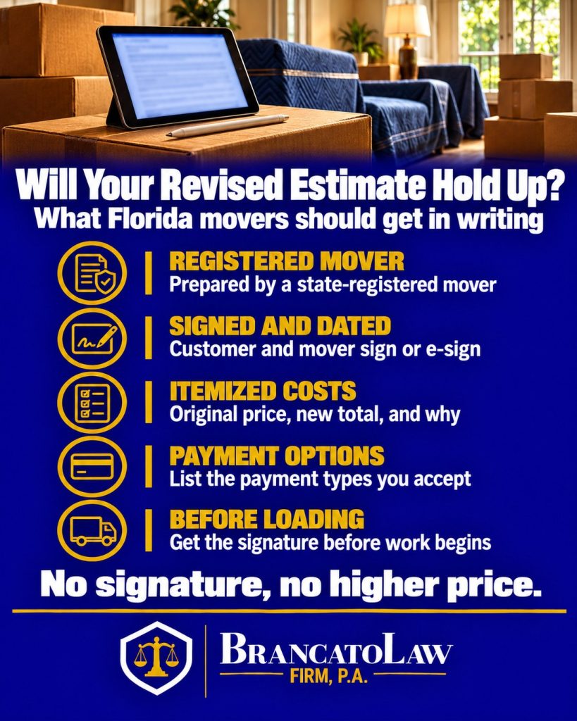 Florida revised moving estimate checklist by The Brancato Law Firm, P.A.: prepared by a state-registered mover, signed and dated by customer and mover, itemized costs, accepted payment types listed, and signed before loading