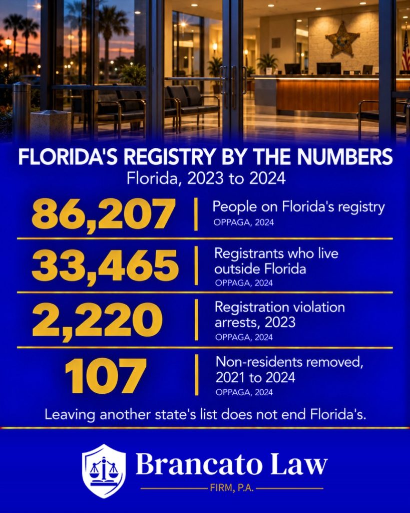 Statistics graphic from The Brancato Law Firm, P.A. guide on moving to Florida after sex offender registry removal: 86,207 people on Florida's sex offender registry as of October 2024, 33,465 of them non-Florida residents, 2,220 arrests for registration violations in Florida in 2023, and only 107 non-residents removed from October 2021 through September 2024 (OPPAGA Report 24-11, December 2024).