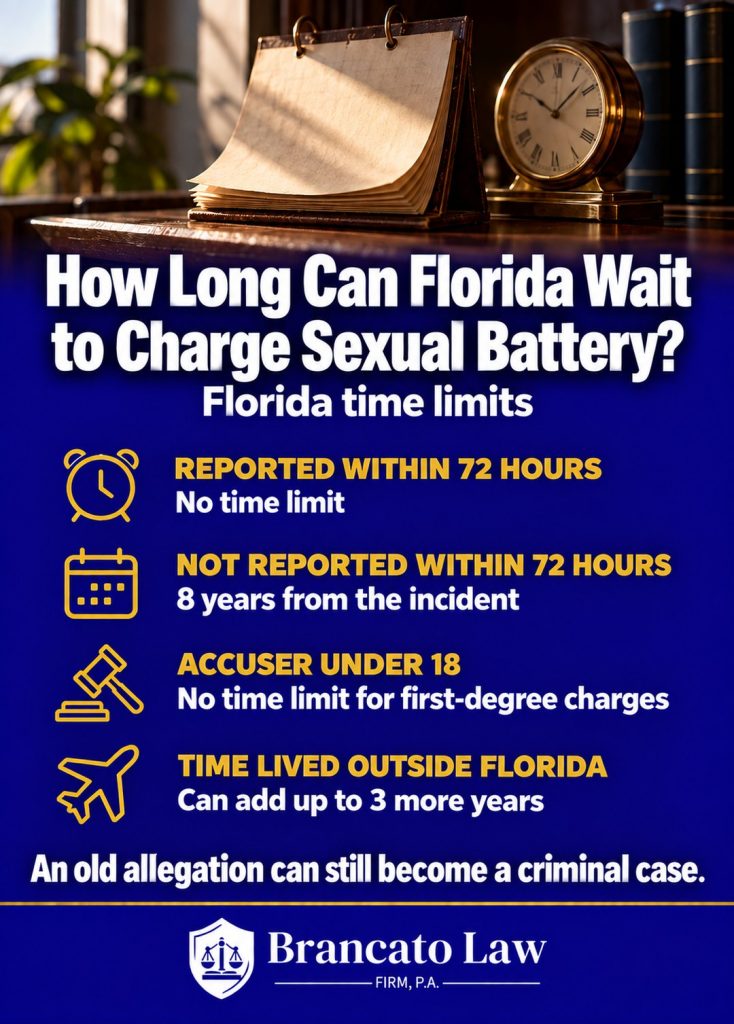 Florida sexual battery time limits: no limit if reported within 72 hours, 8 years if not reported, no limit for first-degree charges when the accuser was under 18, up to 3 more years for time lived outside Florida. The Brancato Law Firm, P.A.