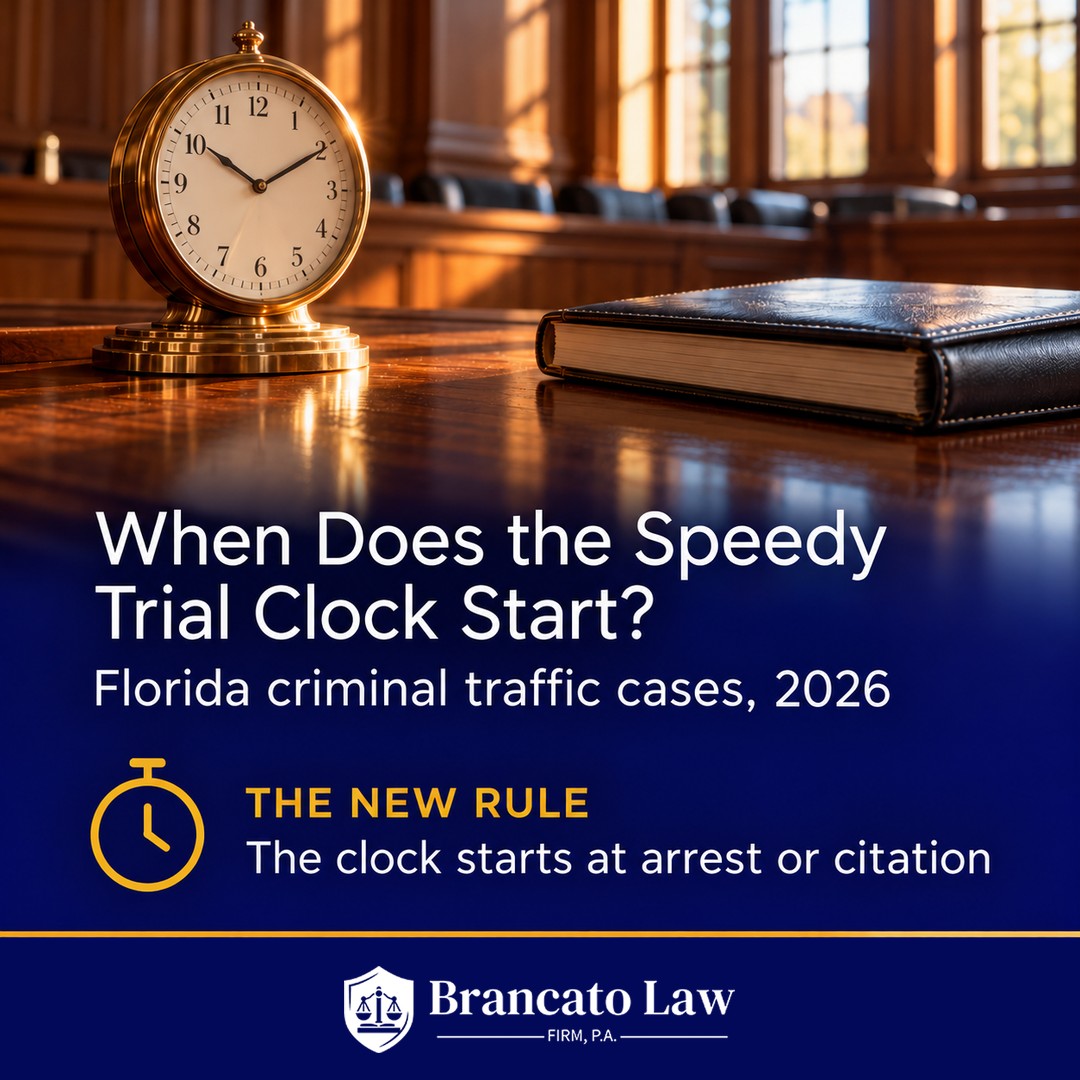 When does Florida's speedy trial clock start? In Florida criminal traffic cases, the clock starts at arrest or citation under amended Florida Rule of Traffic Court 6.160, effective January 1, 2027. Cover graphic by The Brancato Law Firm, P.A., Tampa criminal defense.