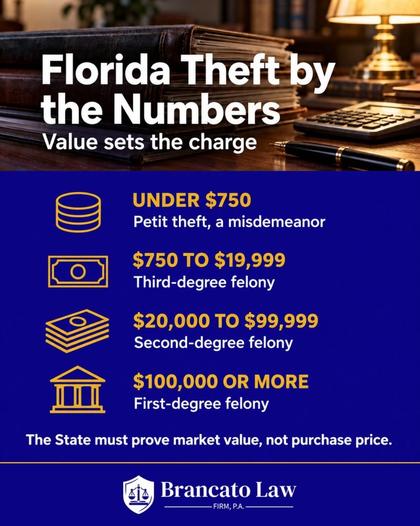 Infographic of Florida theft levels by value: under $750 petit theft, $750 to $19,999 third-degree felony, $20,000 to $99,999 second-degree felony, and $100,000 or more first-degree felony.