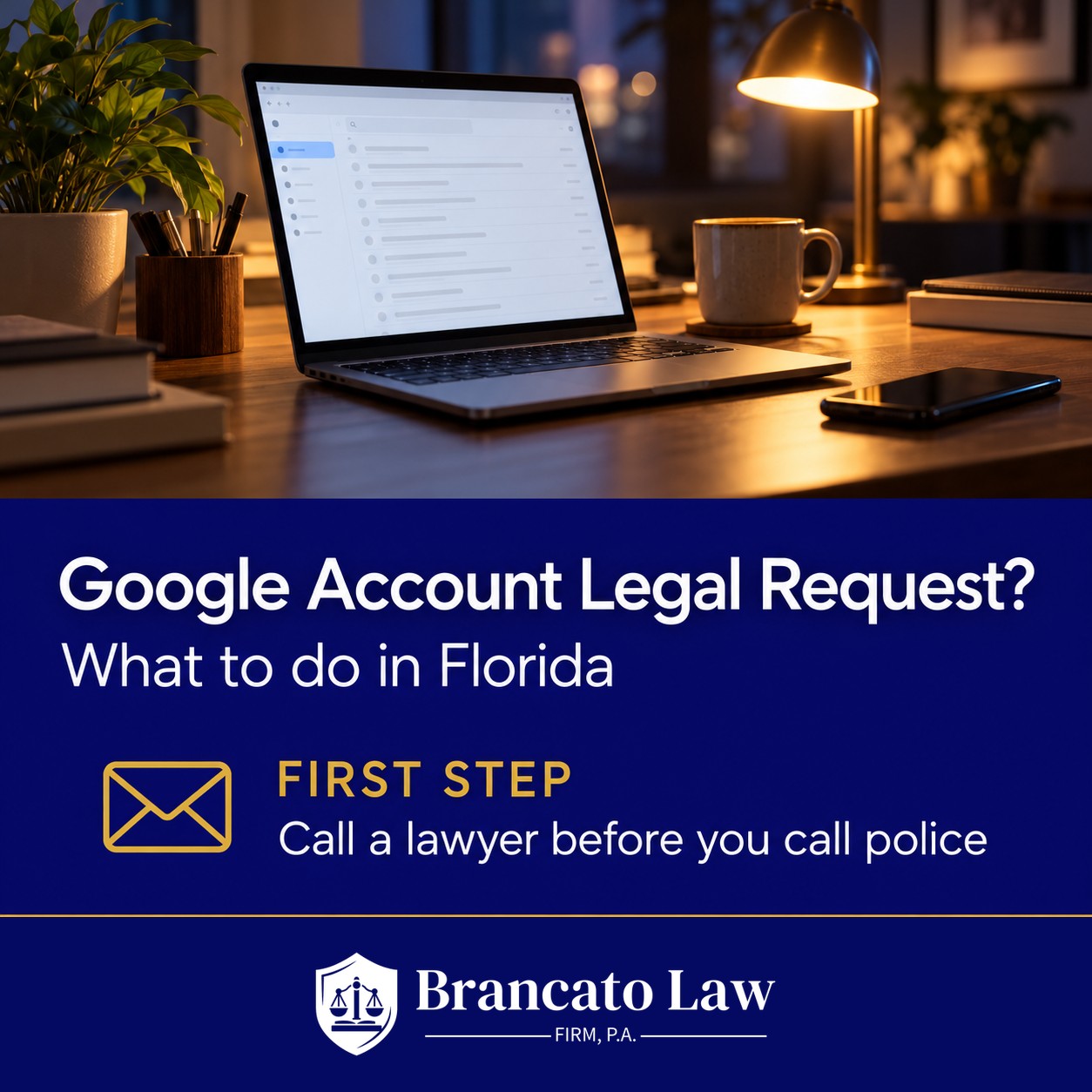 Cover graphic from The Brancato Law Firm, P.A. on what to do after a Google account legal request notice in Florida: call a lawyer before you call police.