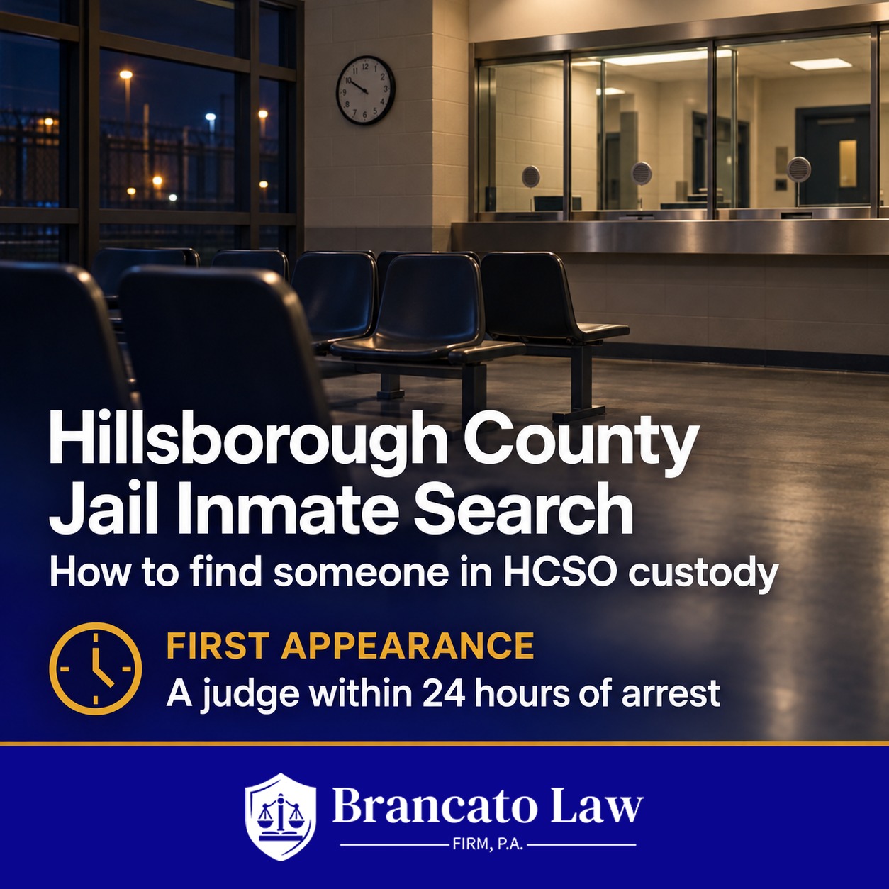 Hillsborough County jail inmate search guide cover from The Brancato Law Firm showing that a judge holds first appearance within 24 hours of arrest