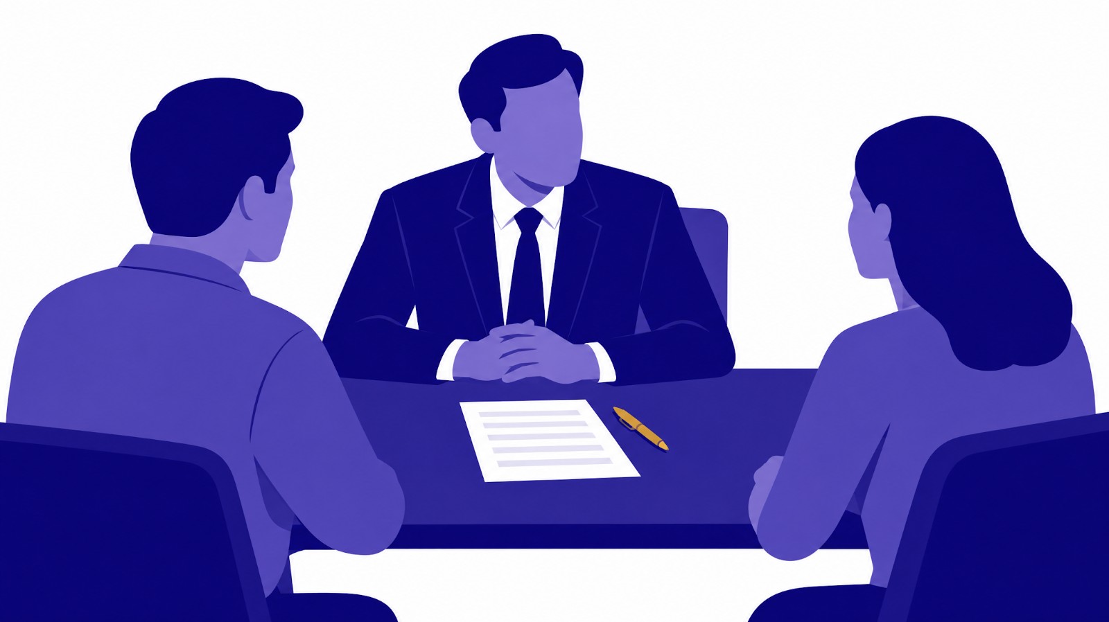 Flat illustration of a lawyer meeting two family members across a table, with a document and a pen between them.