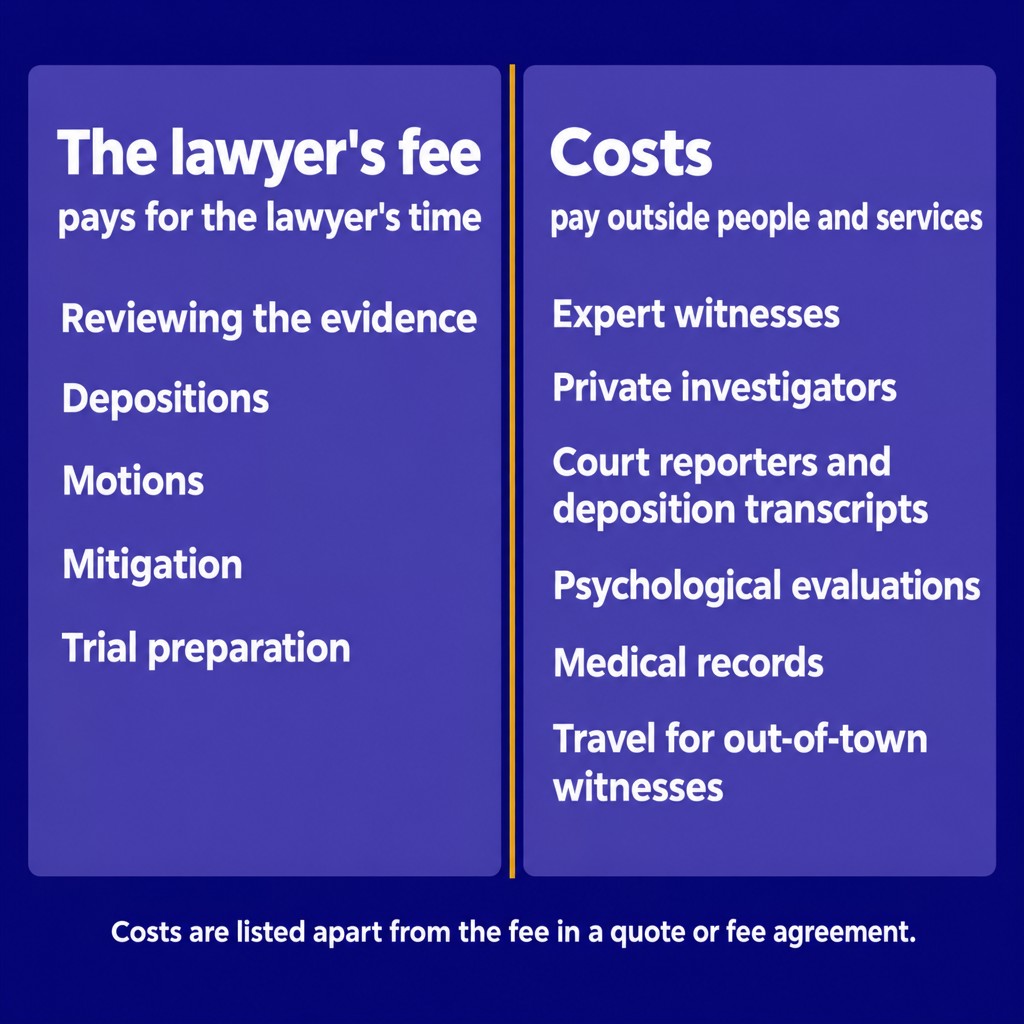 Infographic: the lawyer's fee pays for the lawyer's time, while costs pay outside people and services such as experts.