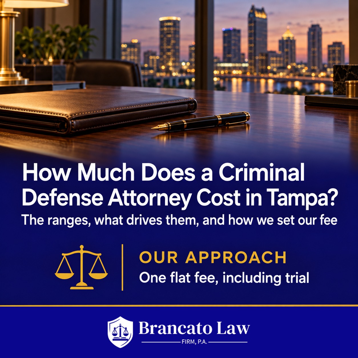 Cover graphic asking how much a criminal defense attorney costs in Tampa, noting that The Brancato Law Firm, P.A. charges one flat fee that includes trial