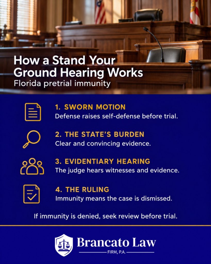 Infographic by The Brancato Law Firm showing the four stages of a Florida Stand Your Ground immunity hearing: sworn motion, the State clear and convincing burden, evidentiary hearing, and ruling