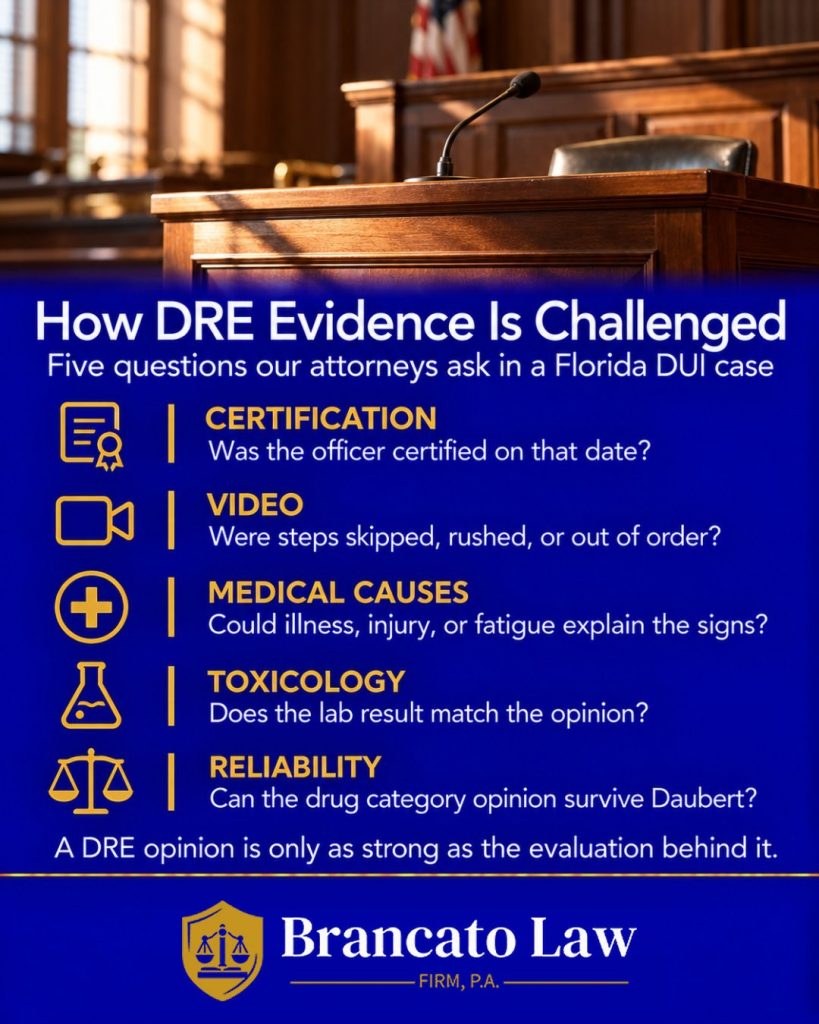 How DRE evidence is challenged in a Florida DUI case: certification, video, medical causes, toxicology, and Daubert reliability. The Brancato Law Firm, P.A., Tampa DUI defense.