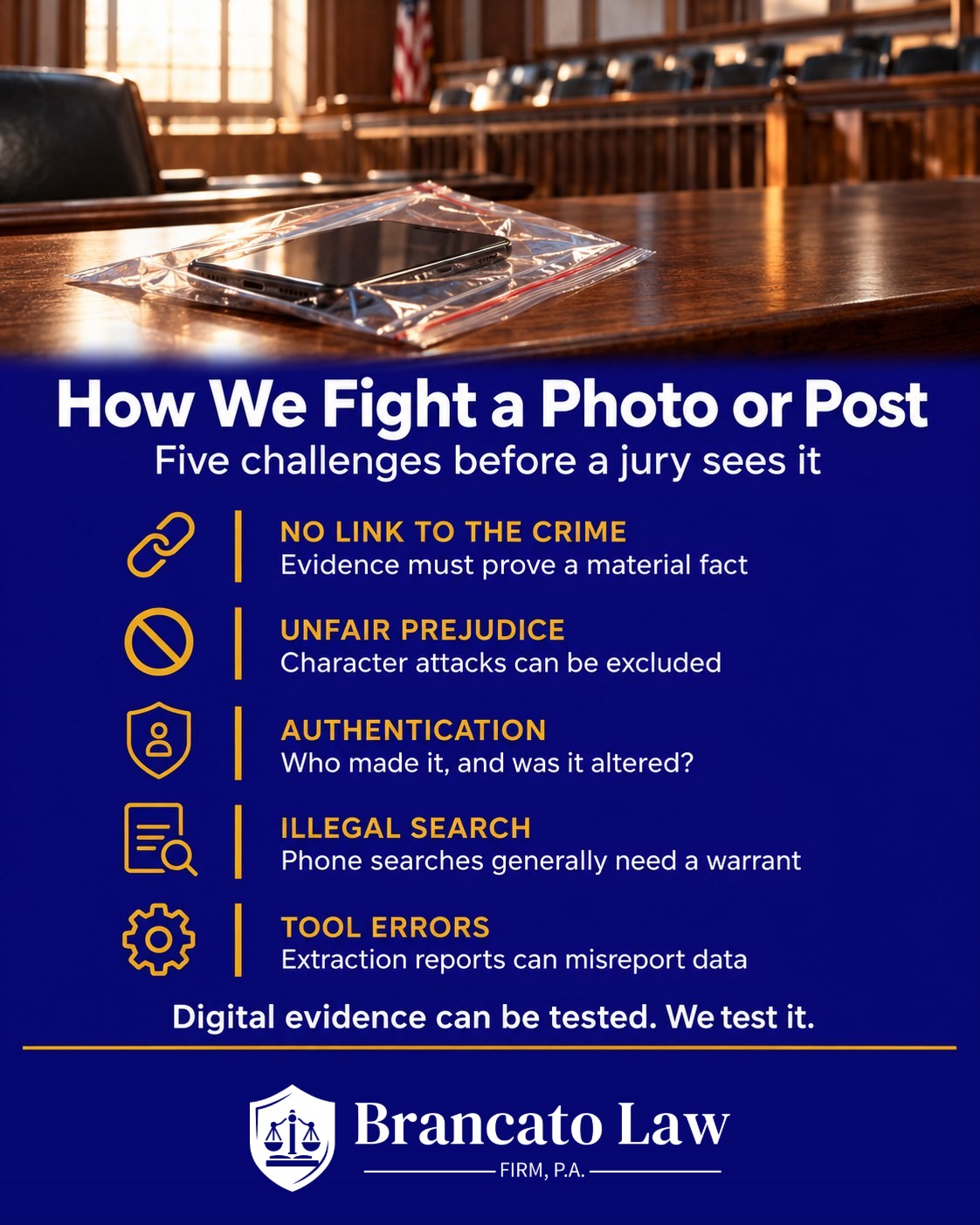 Infographic listing five ways to challenge deleted photo and social media evidence in Florida: no link to the crime, unfair prejudice, authentication, illegal phone search, and forensic tool errors, by The Brancato Law Firm, P.A.
