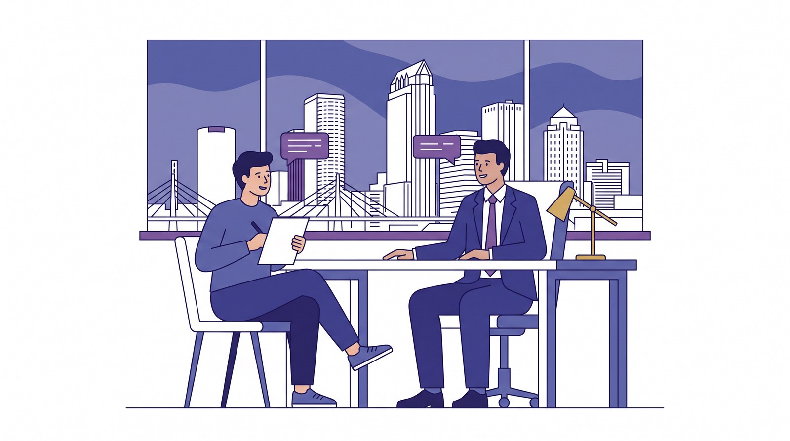 Flat illustration of a client taking notes during a consultation with a lawyer in a downtown Tampa office.