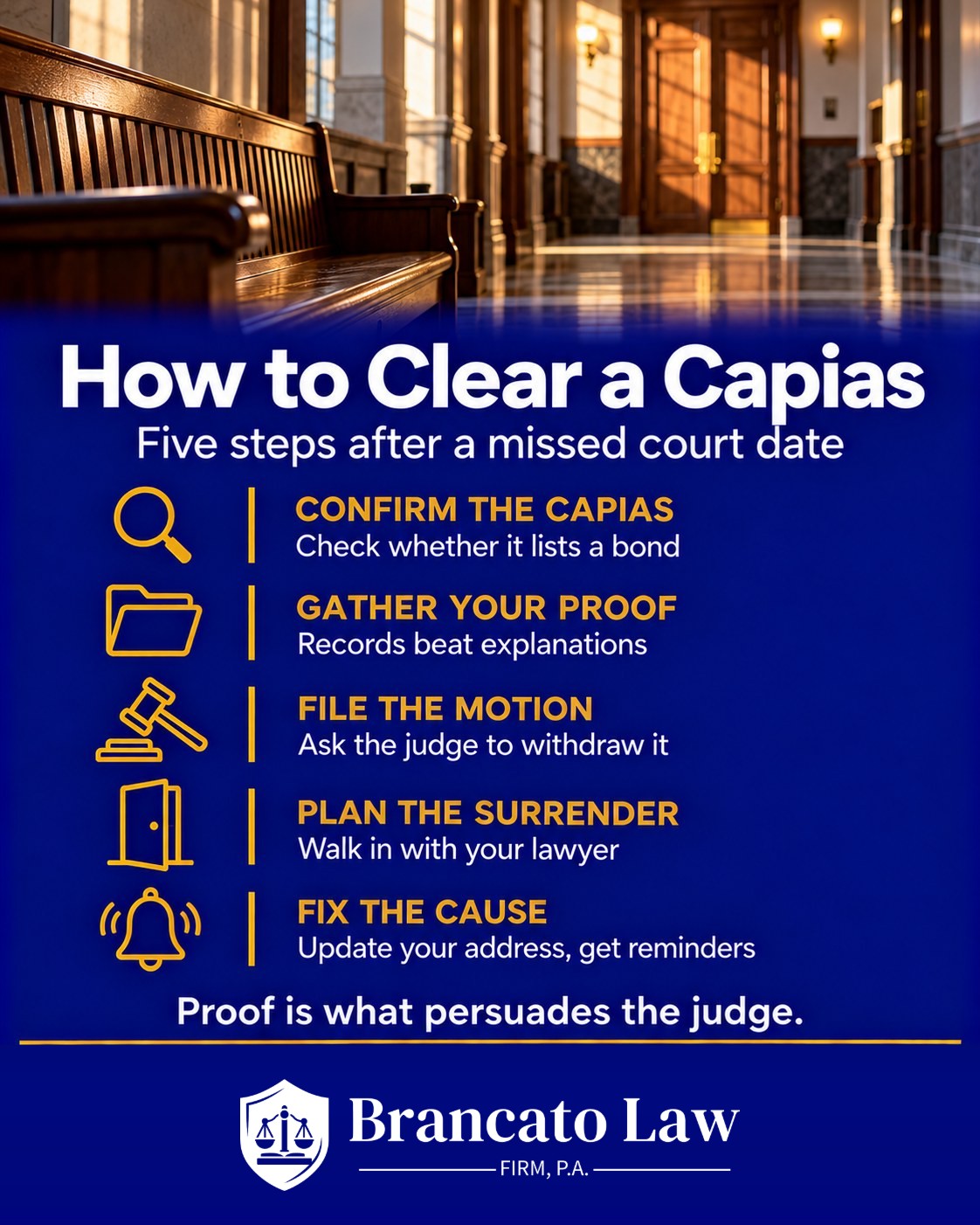 Five steps to clear a capias warrant after a missed court date in Tampa from The Brancato Law Firm, P.A.: confirm the capias and bond, gather proof, file a motion to withdraw, plan the surrender, and fix the cause.