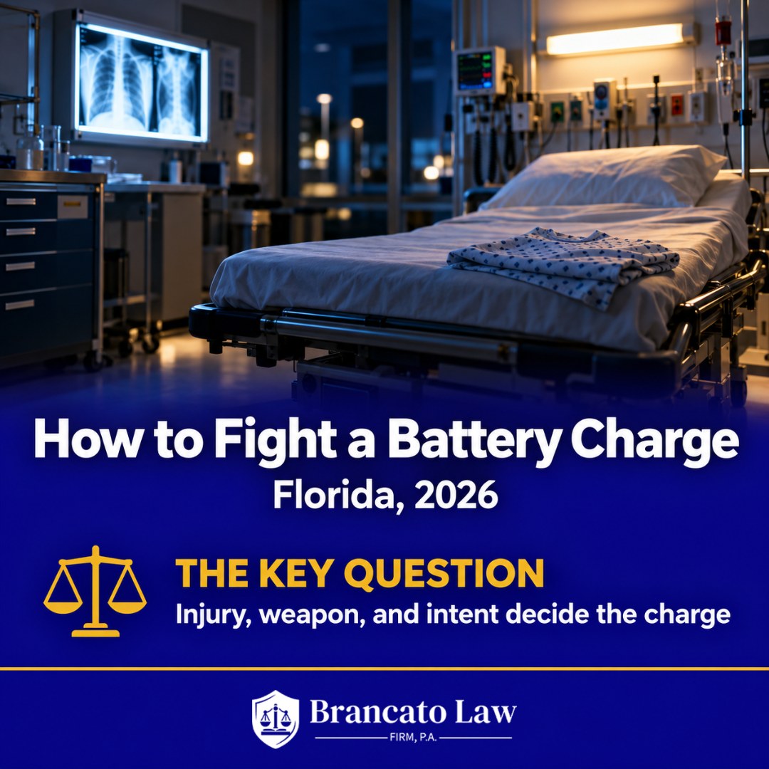How to fight a battery or aggravated battery charge in Florida: injury, weapon and intent evidence decide the charge, explained by The Brancato Law Firm, P.A. in Tampa.