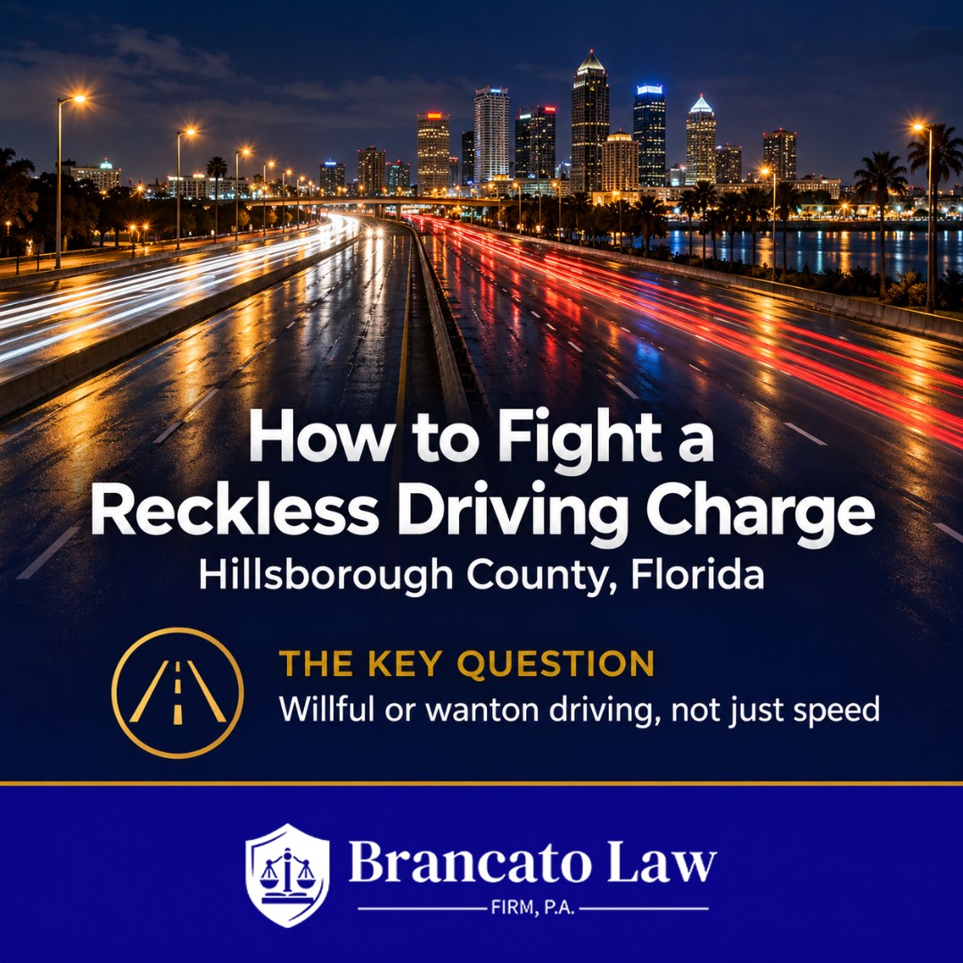 Cover graphic for The Brancato Law Firm guide on how to fight a reckless driving charge in Hillsborough County, Florida, noting the State must prove willful or wanton driving, not just speed