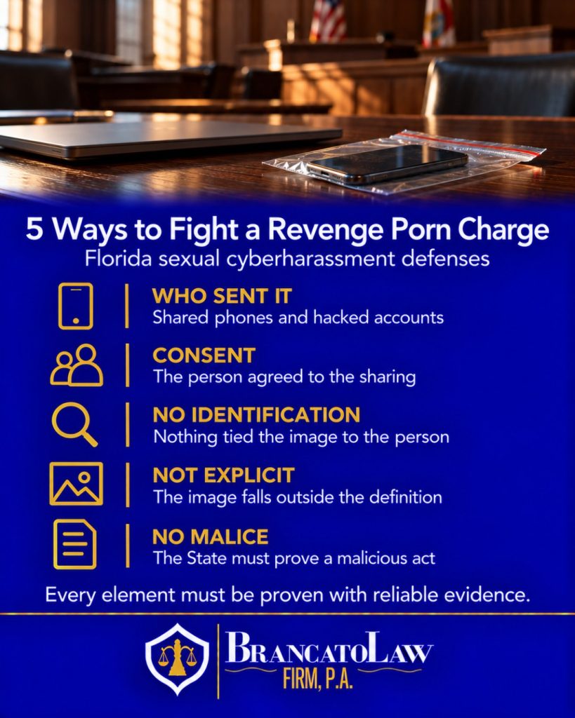 How to fight a revenge porn charge in Florida: five sexual cyberharassment defenses under section 784.049 (who sent it, consent, no identification, not sexually explicit, no malice), from The Brancato Law Firm, P.A. in Tampa.