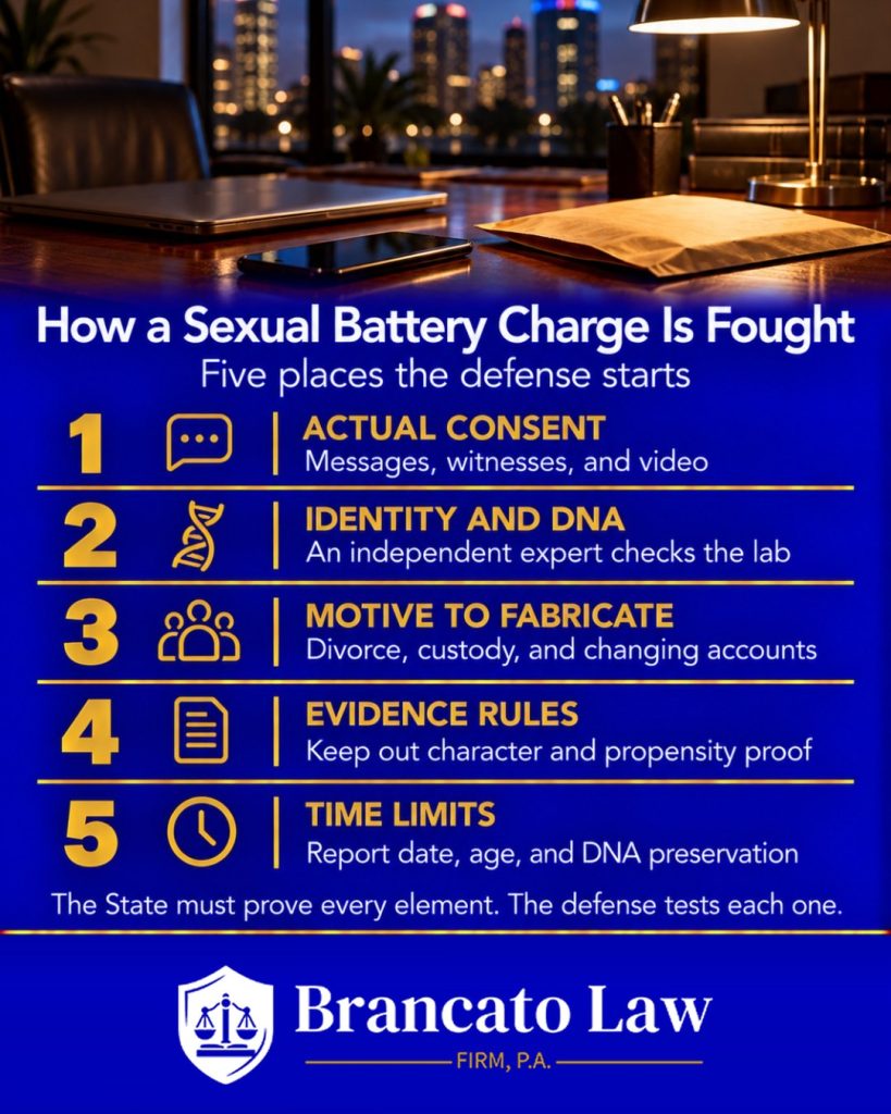 Framework graphic from The Brancato Law Firm, P.A. on how to fight a sexual battery charge in Florida: 1. Actual consent shown through messages, witnesses, and video. 2. Identity and DNA reviewed by an independent expert. 3. Motive to fabricate, such as a divorce or custody dispute, and changes in the account. 4. Evidence rules that exclude character and propensity proof. 5. Time limits under section 775.15, including report date, age, and DNA preservation.
