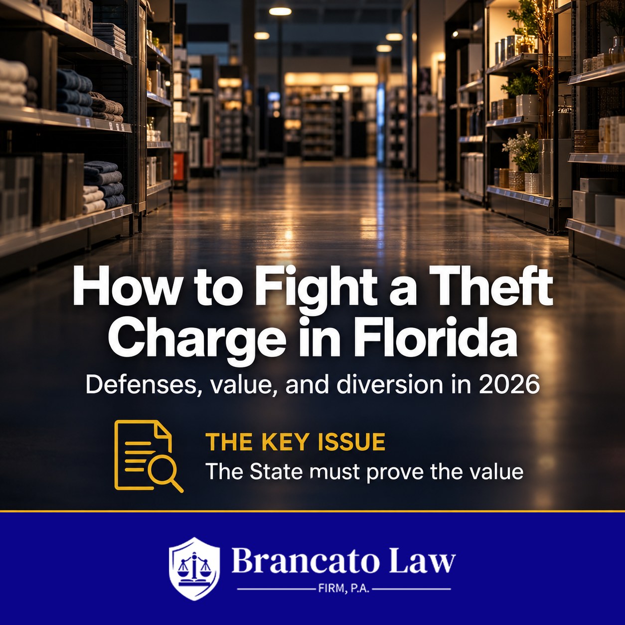 Fight a theft charge Florida: cover graphic on defenses, value, and diversion in 2026; the State must prove the value. The Brancato Law Firm, P.A.