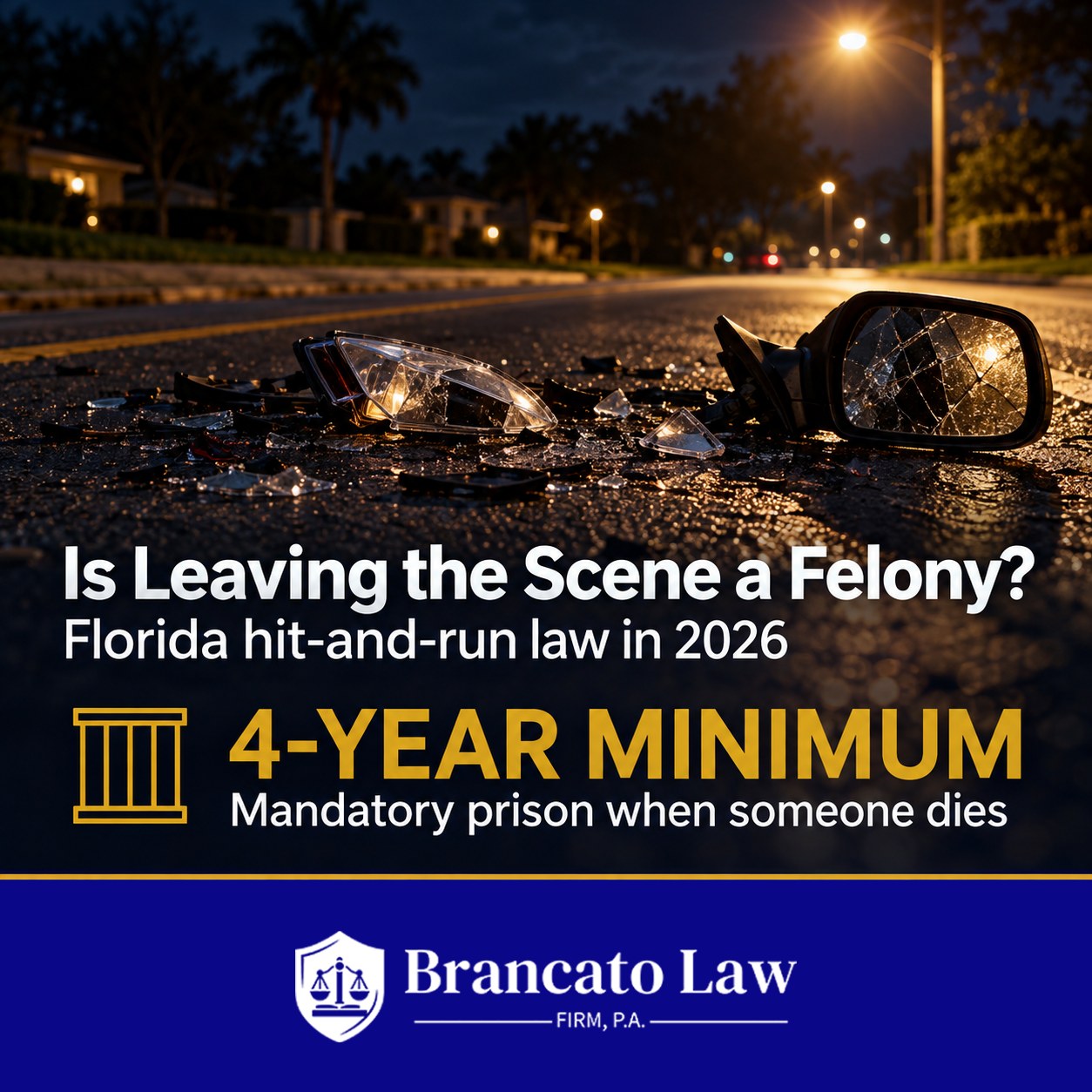 Cover graphic from The Brancato Law Firm, P.A. asking is leaving the scene of an accident a felony in Florida, showing crash debris on a dark road and noting the 4-year mandatory minimum when someone dies.