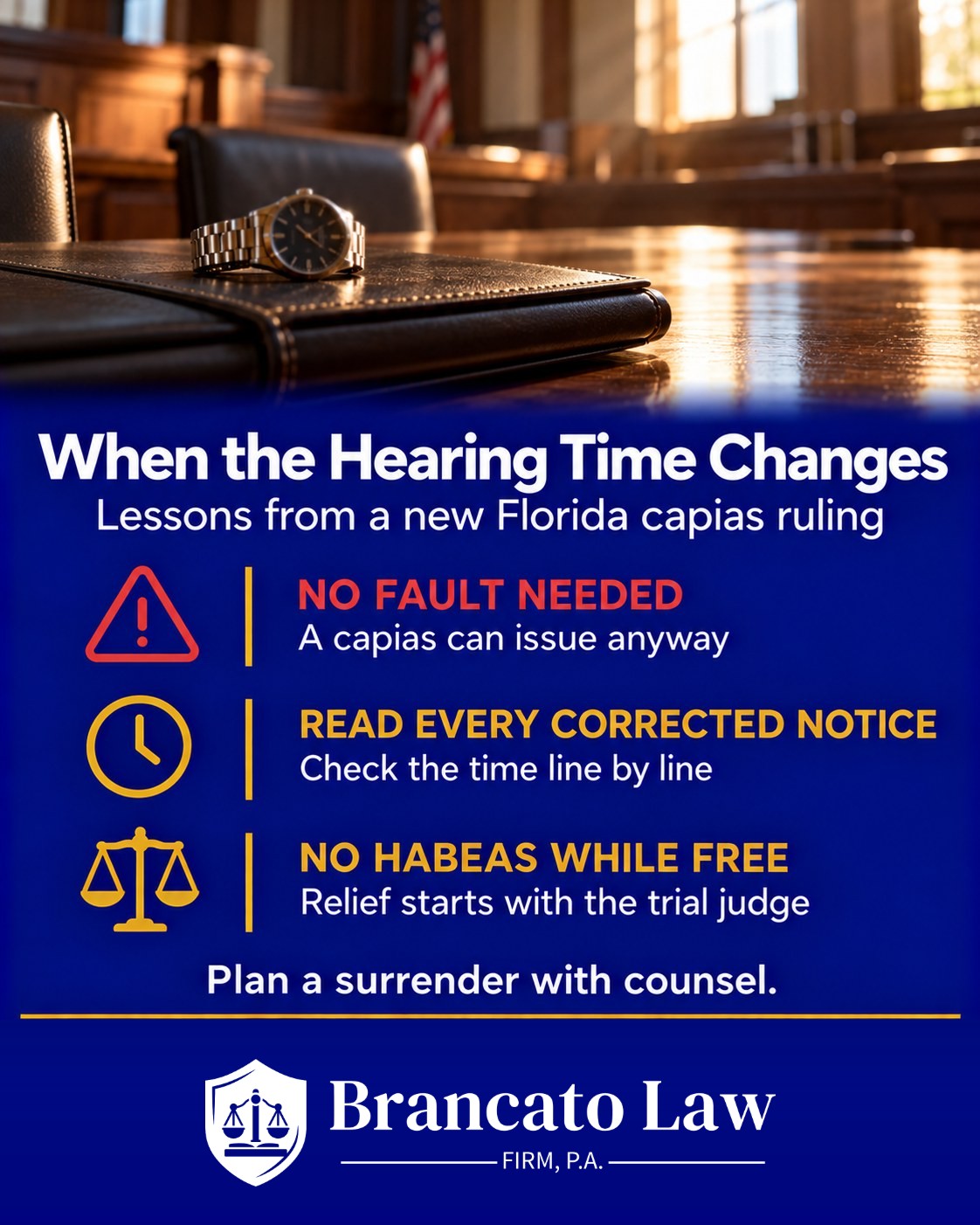 Lessons from Key v. State, a 2026 Florida capias and habeas corpus ruling, for anyone with a missed court date, from The Brancato Law Firm, P.A.: a capias can issue without fault, read every corrected notice, and seek relief through the trial judge.