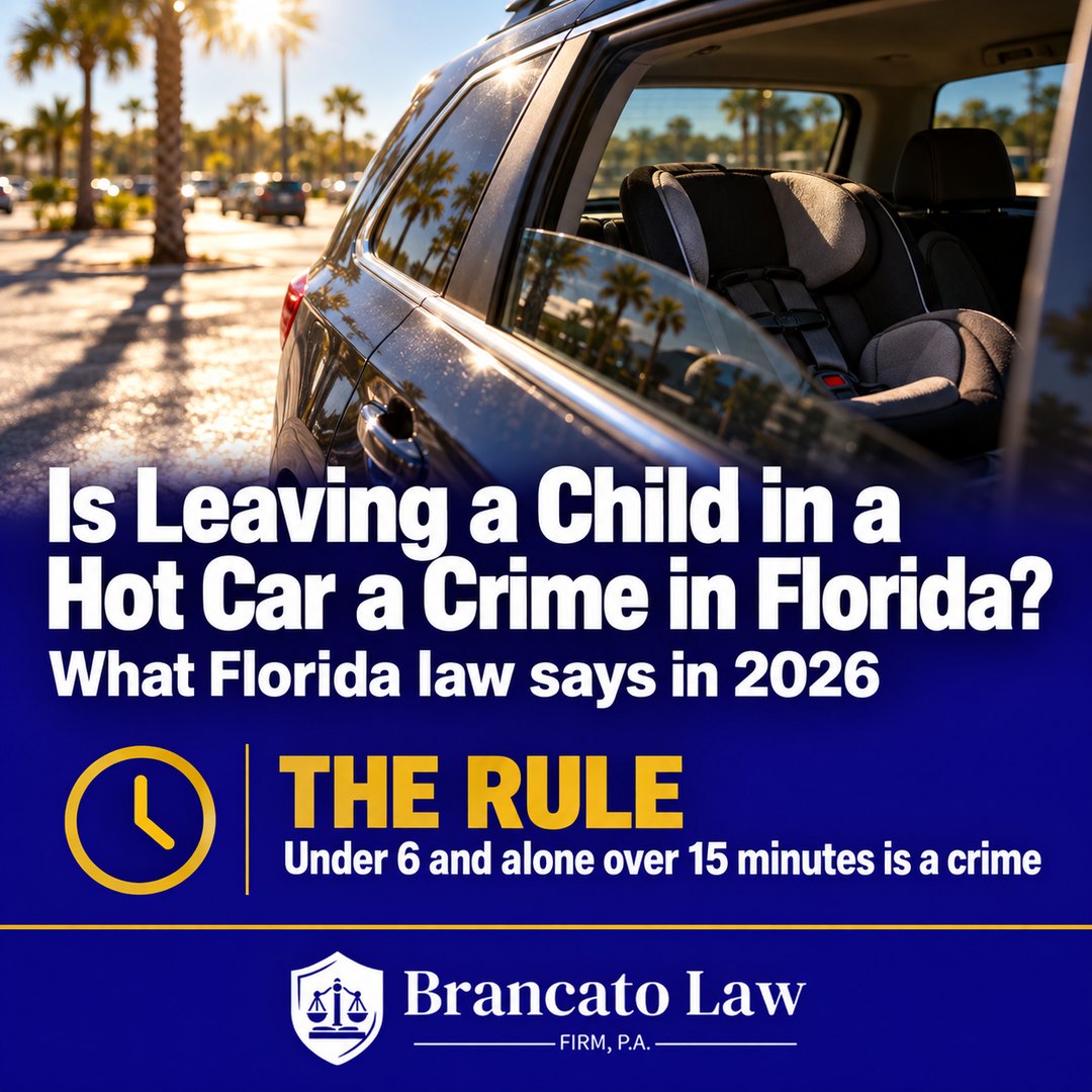 Parked SUV in Florida heat with an empty infant car seat, illustrating that leaving a child under 6 alone in a car for more than 15 minutes is a crime in Florida, from The Brancato Law Firm, P.A.