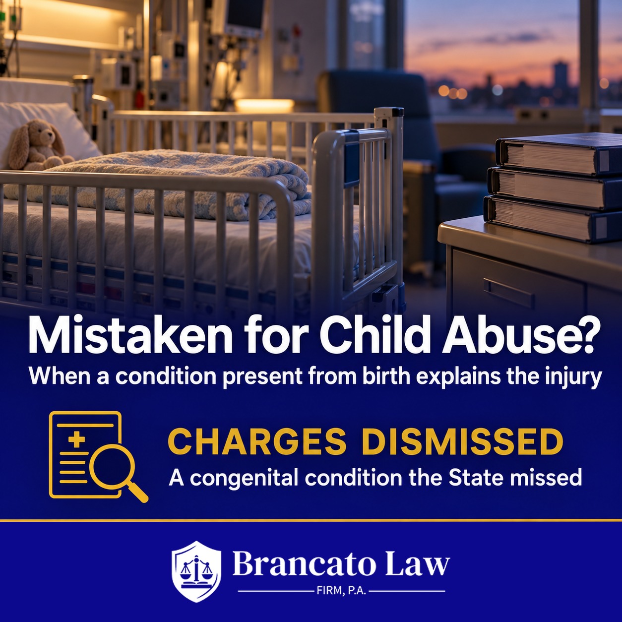 Cover graphic: a medical condition mistaken for child abuse in Florida, a congenital condition the State missed and charges dismissed, The Brancato Law Firm, P.A.