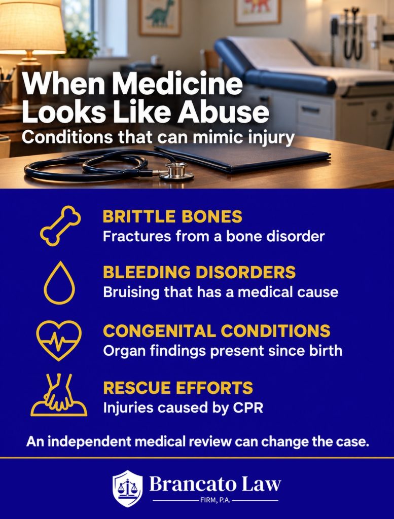 Infographic of medical conditions that can mimic child abuse injuries: brittle bone disorders, bleeding disorders, congenital conditions, and injuries from CPR.