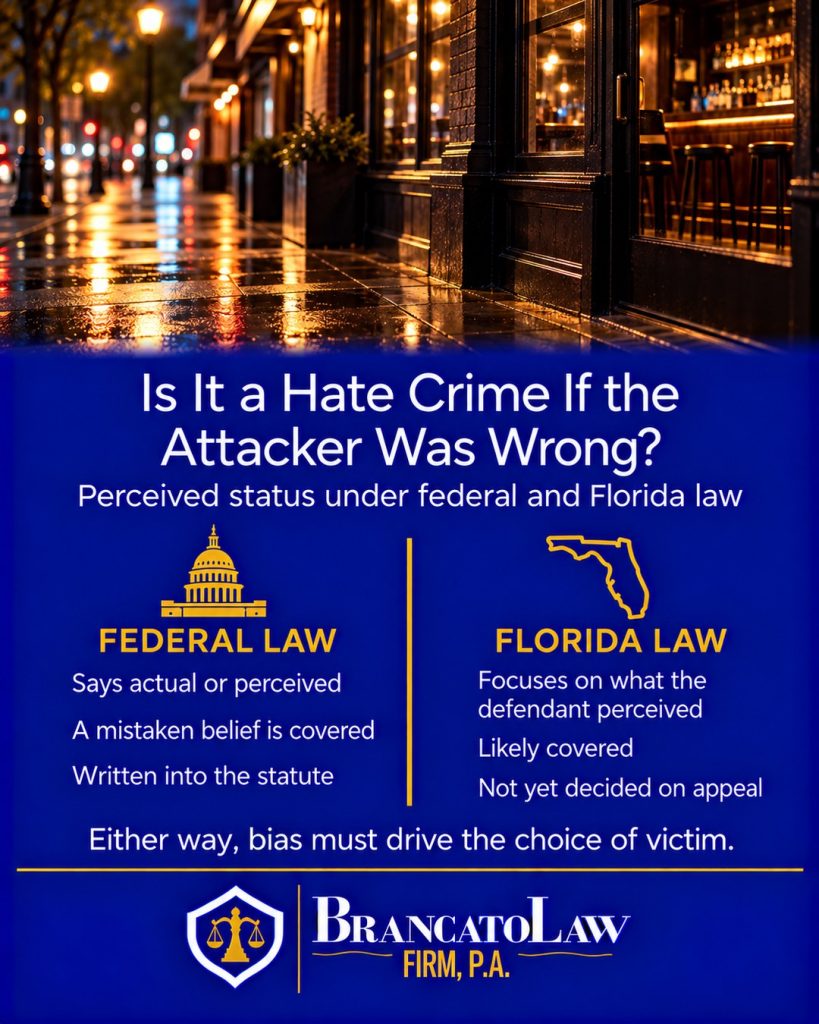 Perceived status hate crime comparison: federal law covers actual or perceived traits, while Florida's statute focuses on what the defendant perceived, explained by The Brancato Law Firm, P.A.