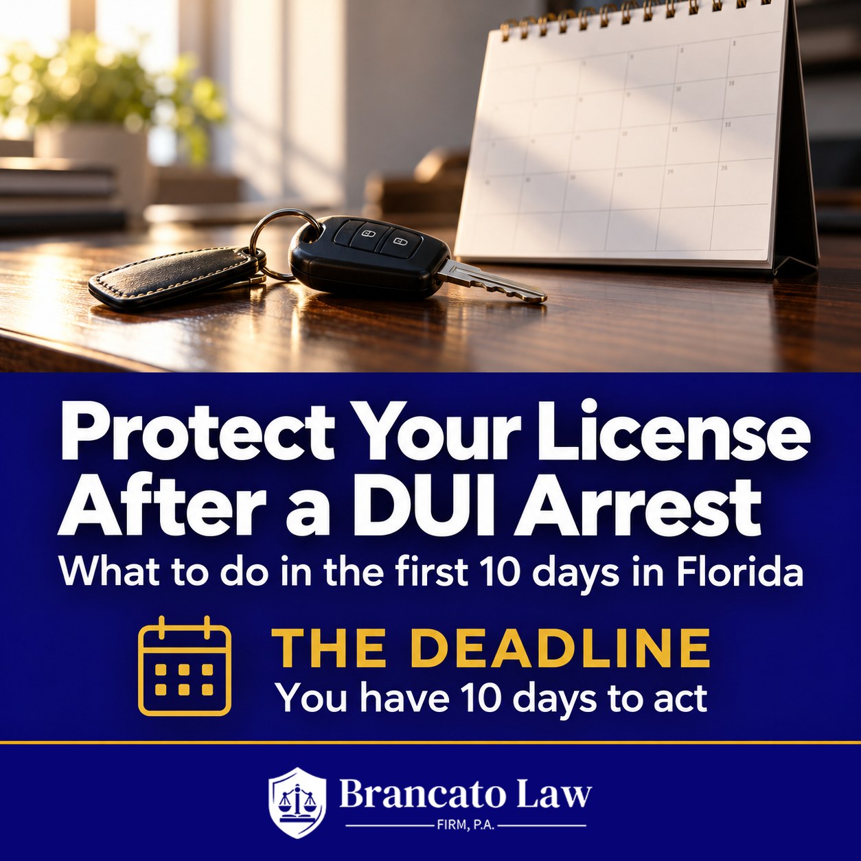 How to protect your license after a DUI arrest in Florida. Cover graphic: you have 10 days to act after a Tampa DUI arrest. The Brancato Law Firm, P.A.