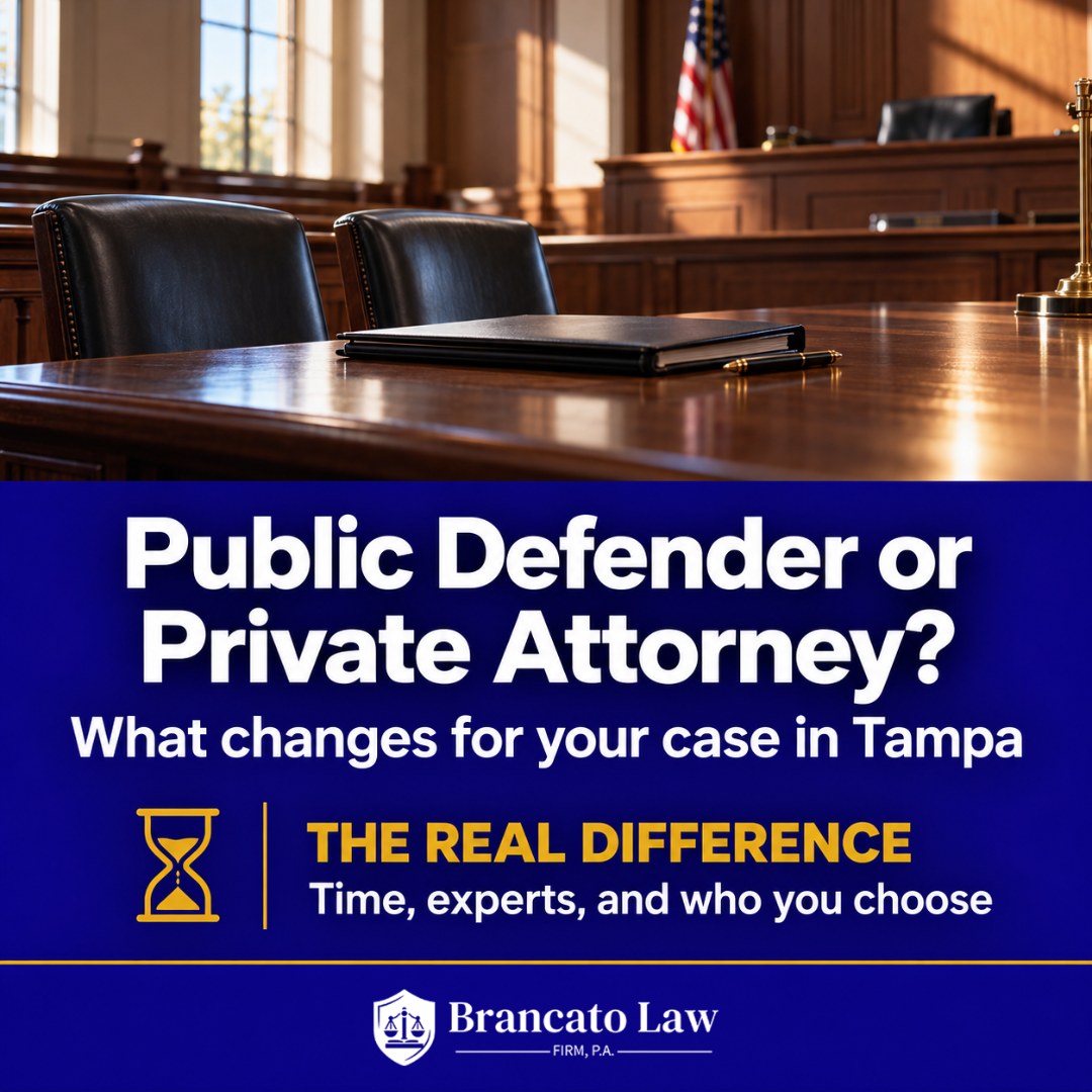 Public defender or private attorney in Tampa: a comparison of caseload, cost, experts and choice of lawyer, from The Brancato Law Firm, P.A., Tampa criminal defense.