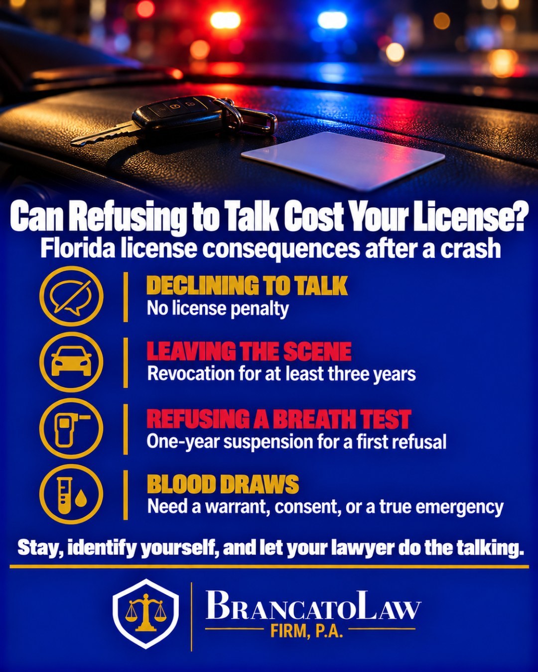 Infographic from The Brancato Law Firm, P.A.: declining to talk to police after a Florida crash carries no license penalty, while leaving the scene brings revocation of at least three years, a first breath-test refusal brings a one-year suspension, and blood draws need a warrant, consent, or a true emergency.