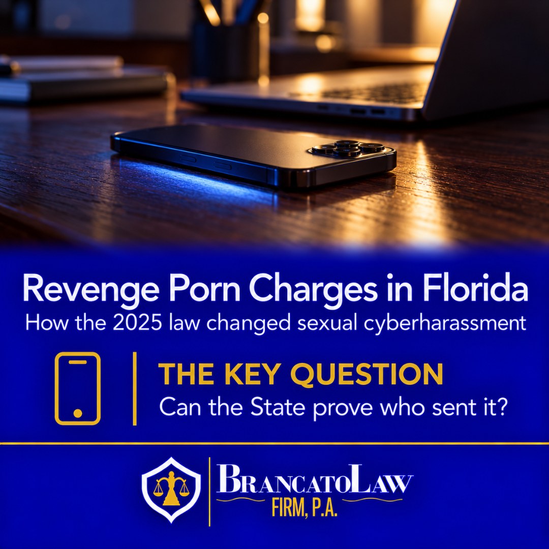Revenge porn charge in Florida cover graphic: sexual cyberharassment under section 784.049 after the 2025 law change, with the key defense question of who sent the image, from The Brancato Law Firm, P.A., Tampa.
