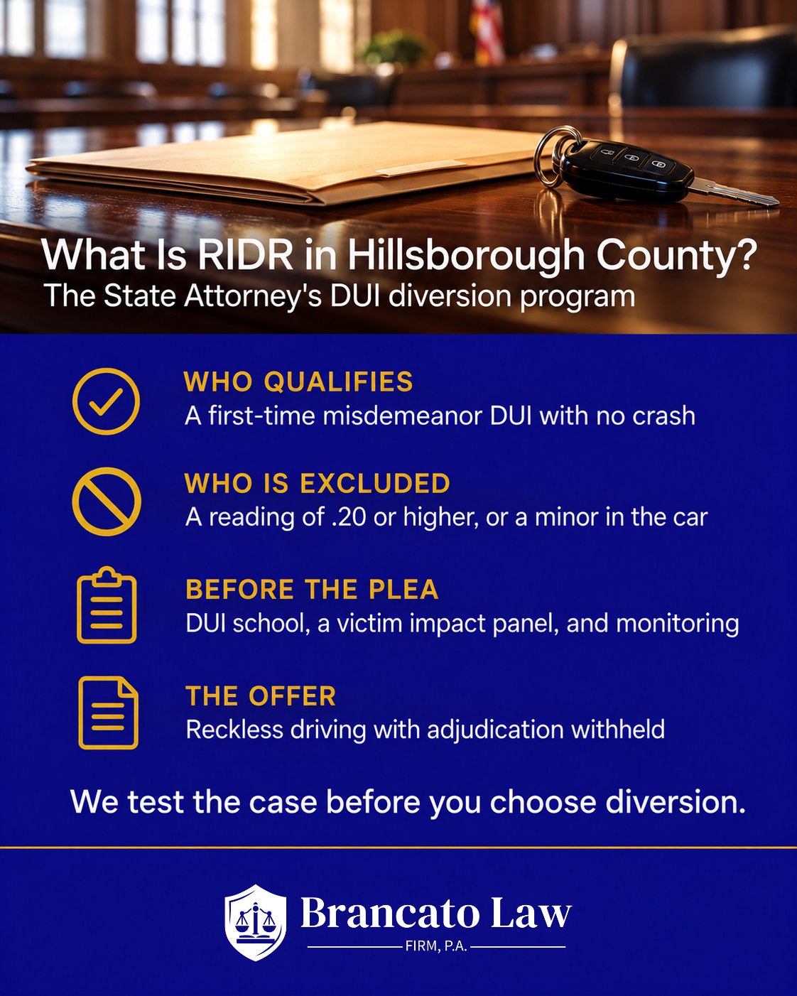 Infographic from The Brancato Law Firm, P.A. explaining Hillsborough County's RIDR DUI diversion program: who qualifies, who is excluded, pre-plea requirements, and the reckless driving offer.
