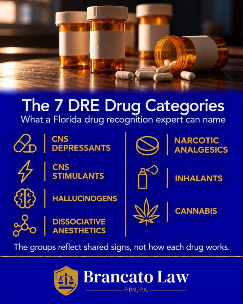 The seven drug recognition expert drug categories: CNS depressants, CNS stimulants, hallucinogens, dissociative anesthetics, narcotic analgesics, inhalants, and cannabis. The Brancato Law Firm, P.A.