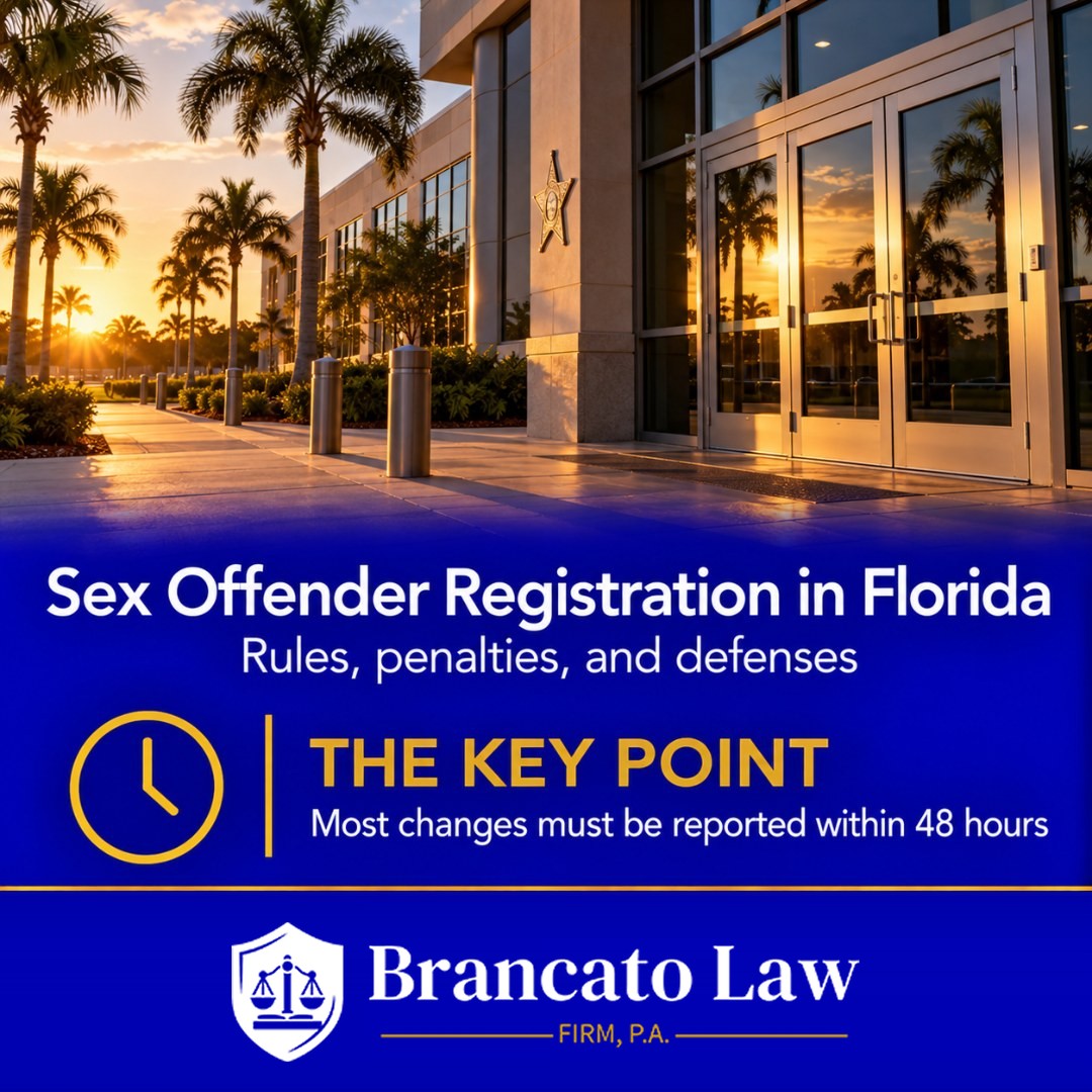 Cover graphic for The Brancato Law Firm, P.A. guide by Tampa criminal defense attorney Rocky Brancato on sex offender registration in Florida: a sheriff's office entrance at sunrise, with the key point that most registration changes must be reported within 48 hours under section 943.0435.