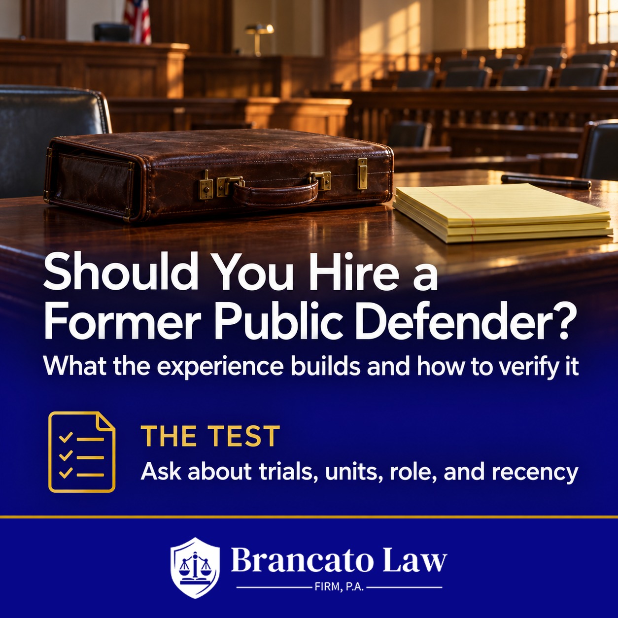 Cover graphic asking whether to hire a former public defender, with the test to ask about trials, units, role, and recency, from The Brancato Law Firm, P.A. in Tampa