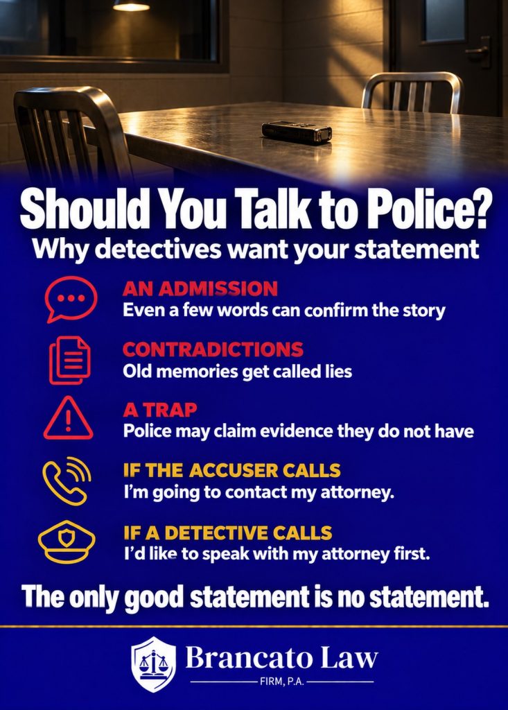 Why not to give police a statement in a Florida sex crime investigation: admissions, contradictions, and traps, plus what to say if the accuser or a detective calls. The Brancato Law Firm, P.A.