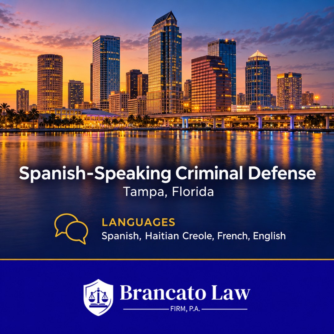 Cover graphic for The Brancato Law Firm showing criminal defense in Tampa offered in Spanish, Haitian Creole, French, and English