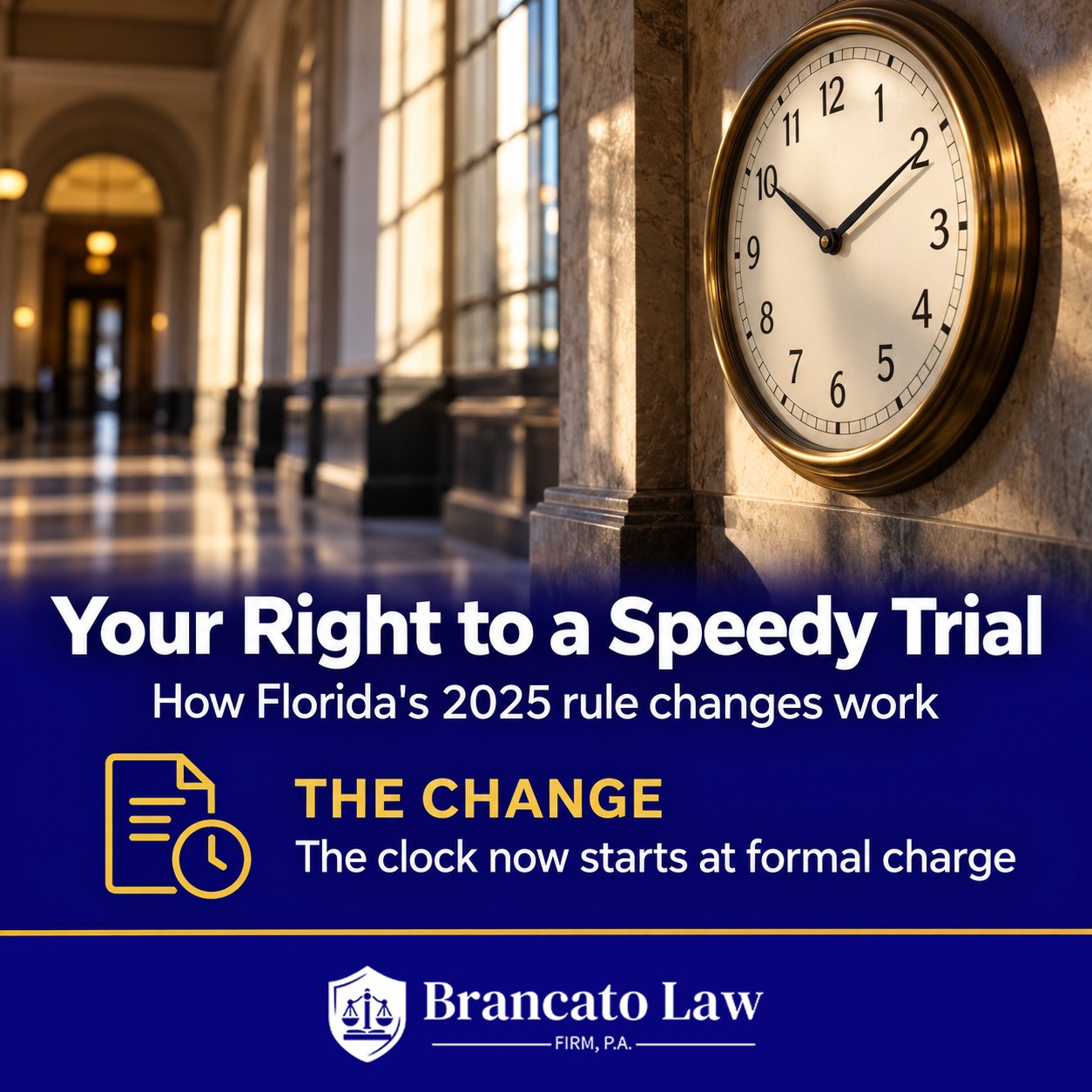 Speedy trial Florida: cover graphic on how Florida's 2025 speedy trial rule works; the clock now starts at formal charge. The Brancato Law Firm, P.A.