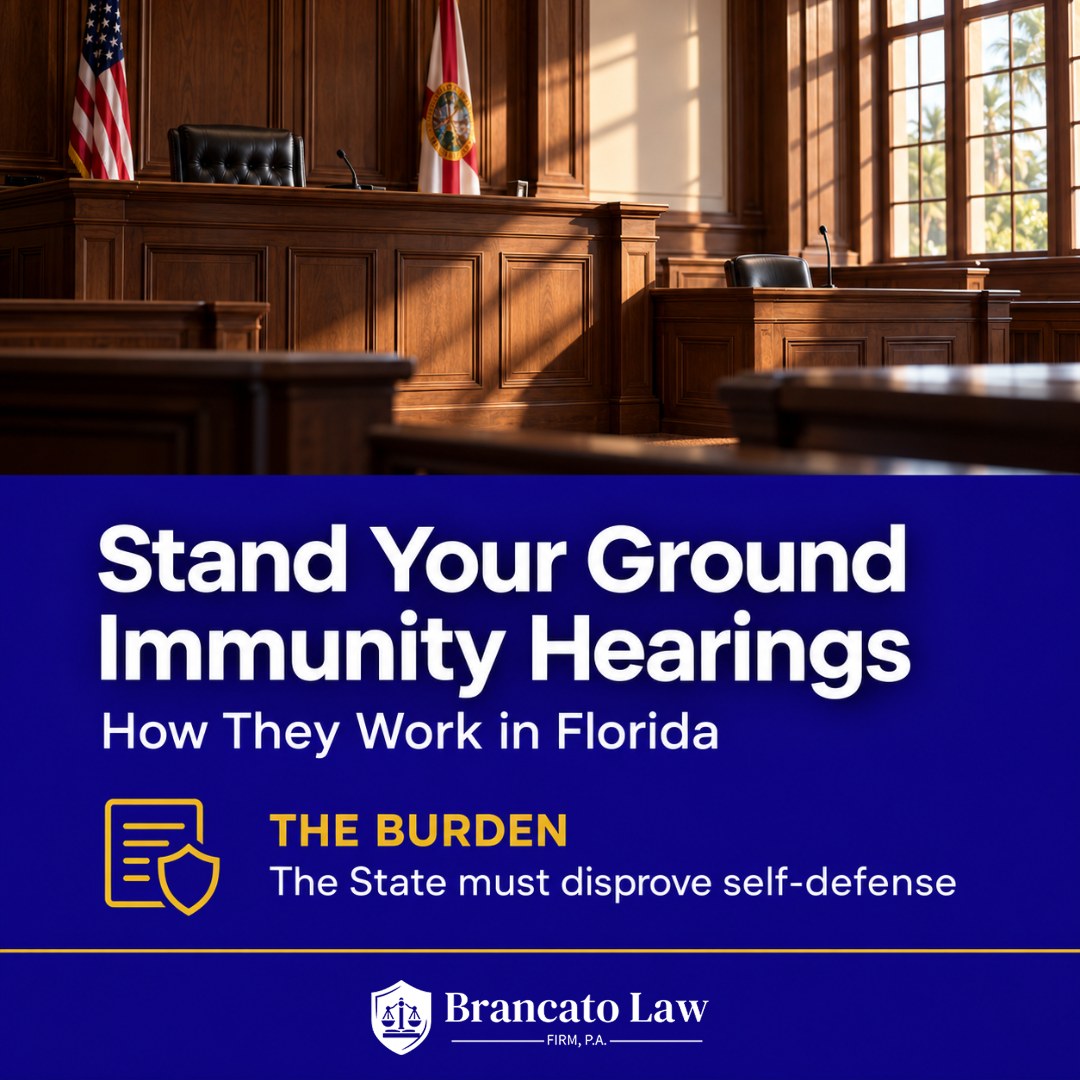 Cover graphic for The Brancato Law Firm guide to Florida Stand Your Ground immunity hearings, noting the State must disprove self-defense