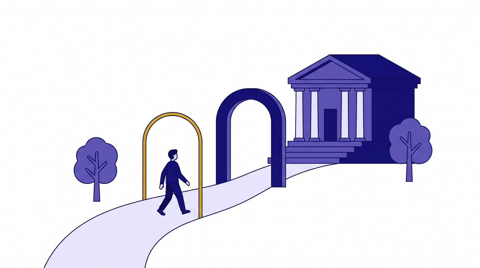 Flat illustration of a figure walking a path toward a columned courthouse, passing a gold archway before an indigo one.