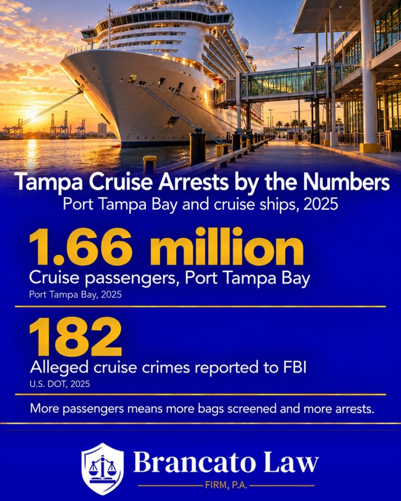 Tampa cruise arrest statistics 2025: 1.66 million cruise passengers at Port Tampa Bay (Port Tampa Bay, 2025) and 182 alleged crimes reported to the FBI by cruise lines (U.S. DOT, 2025). Arrested on a cruise ship in Tampa guide by The Brancato Law Firm, P.A.