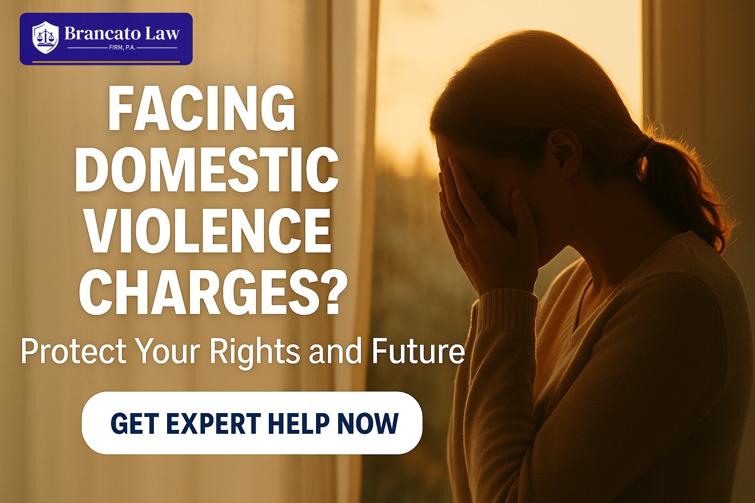 Woman by a window with her face in her hands and the text Facing Domestic Violence Charges? Protect Your Rights and Future, and The Brancato Law Firm, P.A. logo.