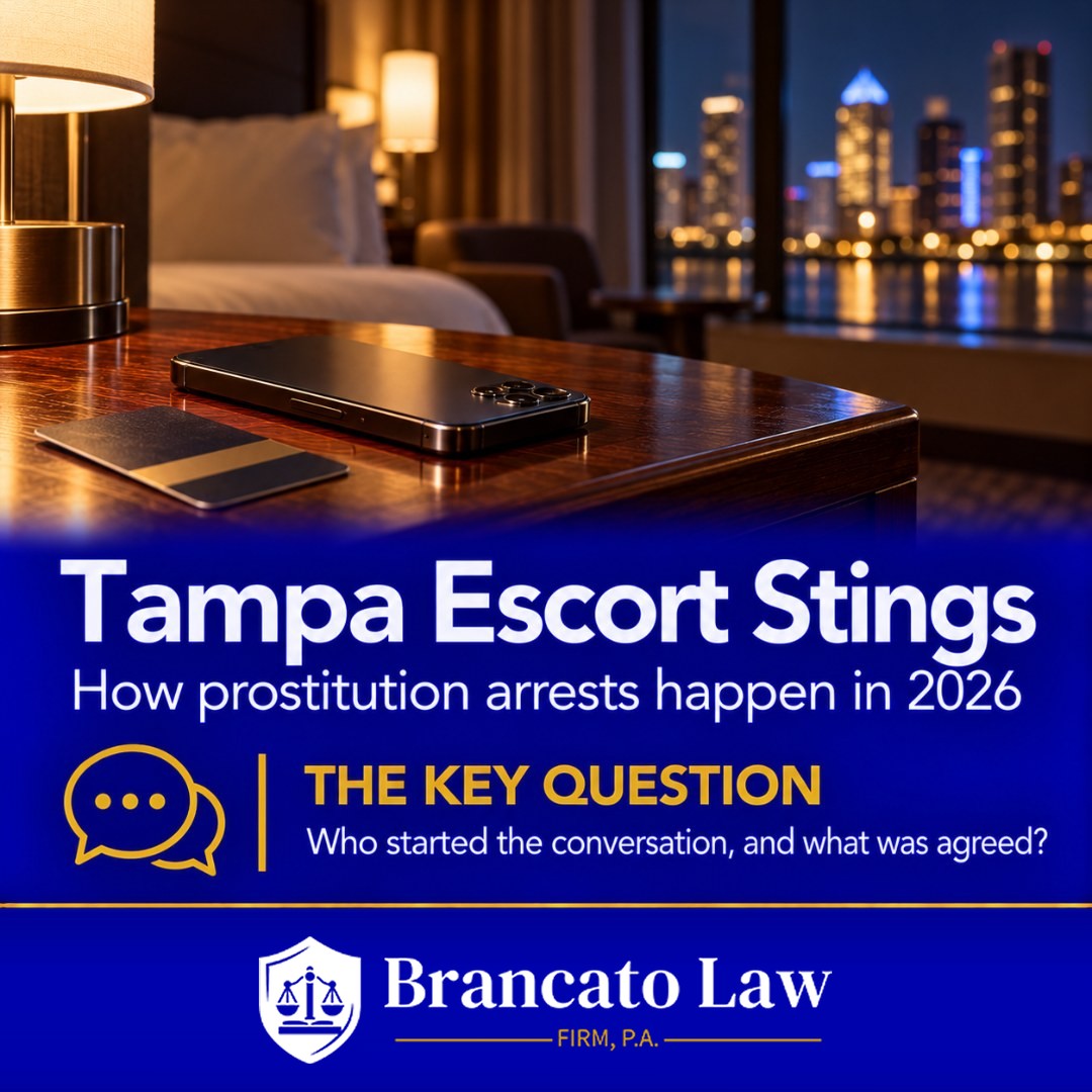 Cover graphic for Tampa escort stings and prostitution arrests in 2026 by The Brancato Law Firm, P.A., showing a phone and hotel key card and the key question in a sting case: who started the conversation and what was agreed.