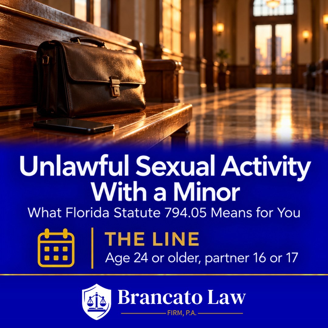 Cover graphic for a guide by The Brancato Law Firm, P.A. on unlawful sexual activity with a minor in Florida under Statute 794.05, which applies when a person 24 or older engages in sexual activity with a 16- or 17-year-old.